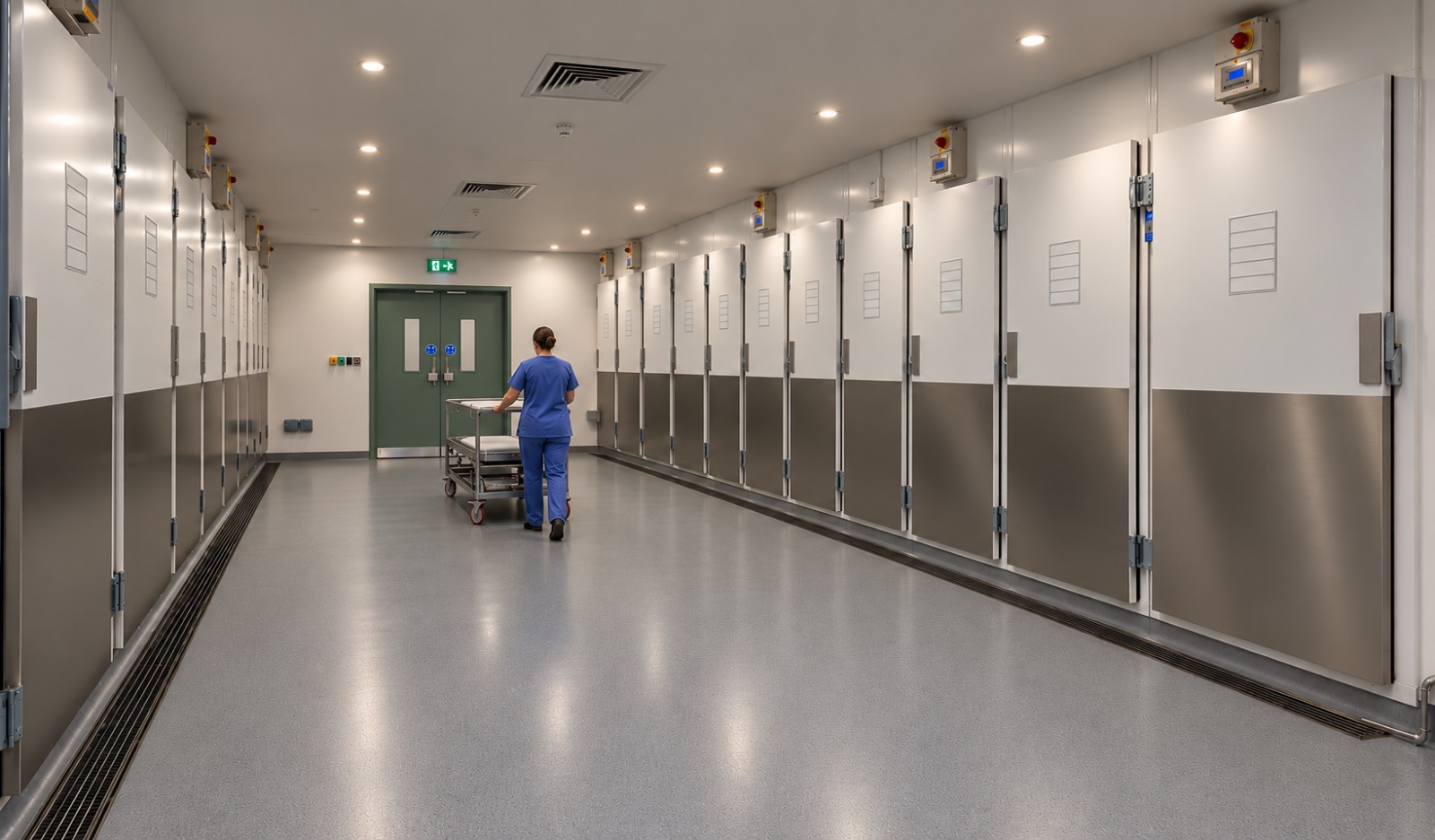 A healthcare professional working in a modern mortuary facility